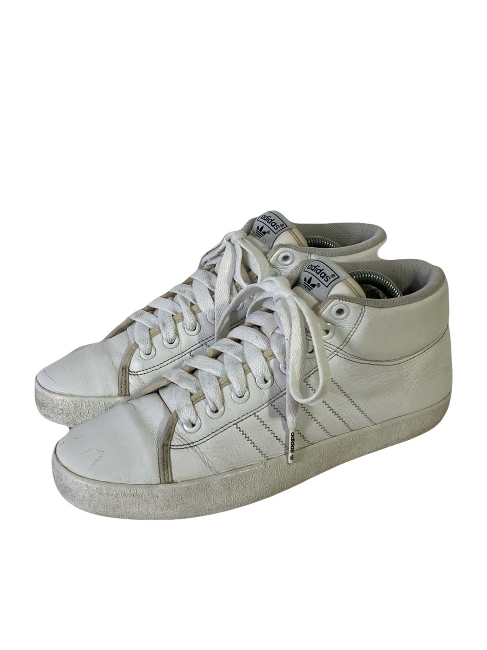 ADIDAS Sneakers 7.5 White 3 Stripe Shoes High-Top White-Leather Lace-Up
